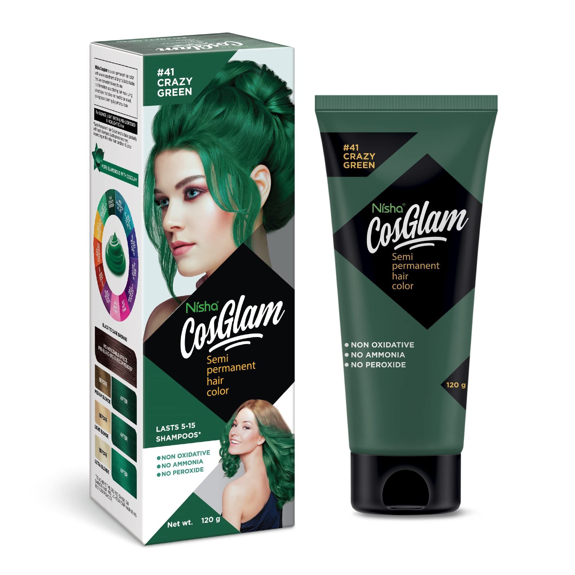 COSGLAM Semi Permanent Hair Color, No Peroxide, Non Oxidative, Ammonia Free Hair Colour 41 Crazy Green - 120gm