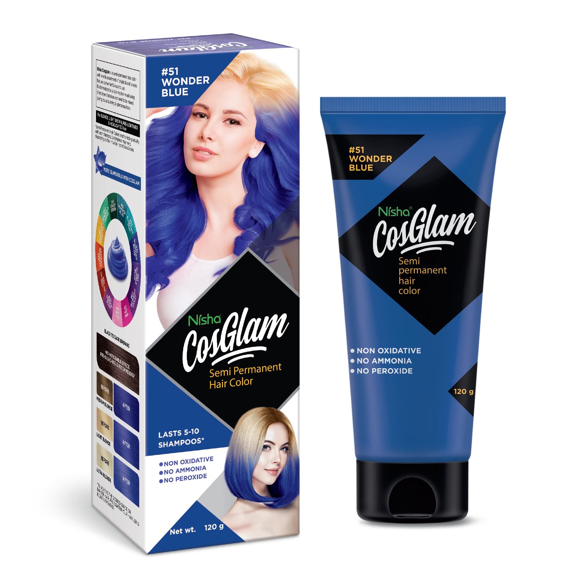 COSGLAM Semi Permanent Hair Color, No Peroxide, Non Oxidative, Ammonia Free Hair Colour 51 Wonder Blue - 120gm