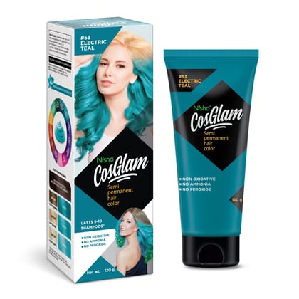 COSGLAM Semi Permanent Hair Color, No Peroxide, Non Oxidative, Ammonia Free Hair Colour 53 Electric Teal - 120gm