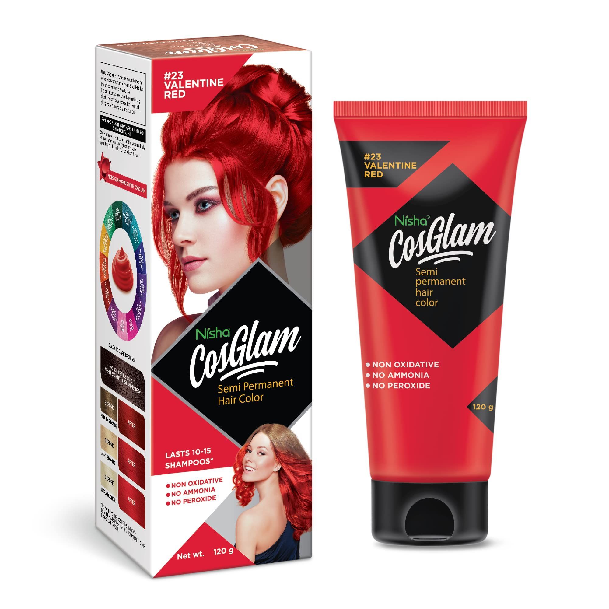 COSGLAM Semi Permanent Hair Color, No Peroxide, Non Oxidative, Ammonia Free Hair Colour 23 Valentine Red - 120gm