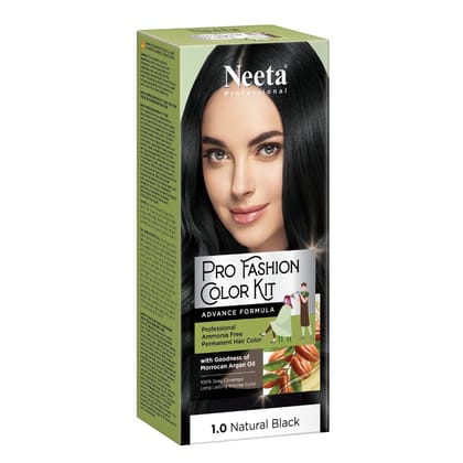 Neeta Professional Pro Fashion Color Kit 1.0 Natural Black 100g, Permanent Hair Color, Creme Hair Colour for Women & Men