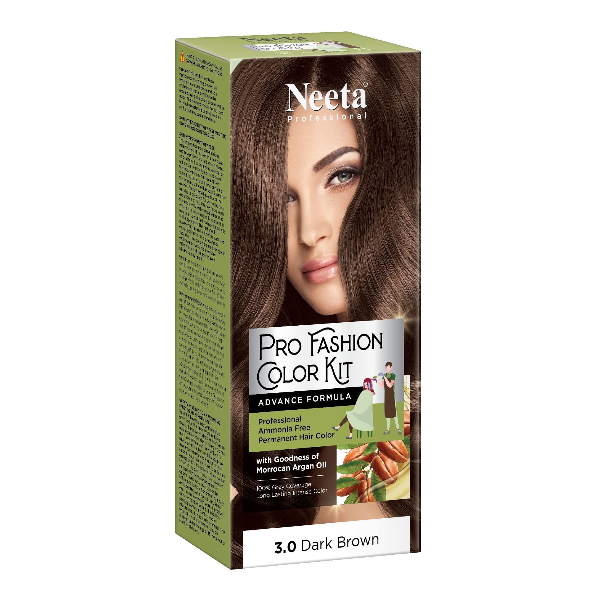 Neeta Professional Pro Fashion Color Kit 3.0 Dark Brown 100g, Permanent Hair Color, Creme Hair Colour for Women & Men