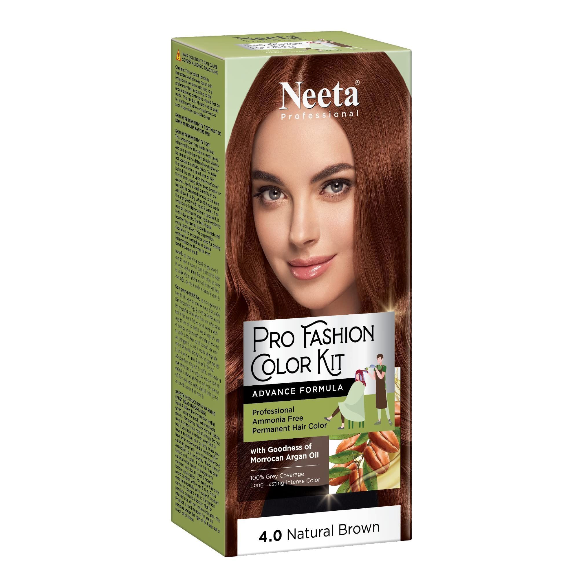 Neeta Professional Pro Fashion Color Kit 4.0 Natural Brown 100g Pack of 3, Permanent Hair Color, Creme Hair Colour for Women & Men