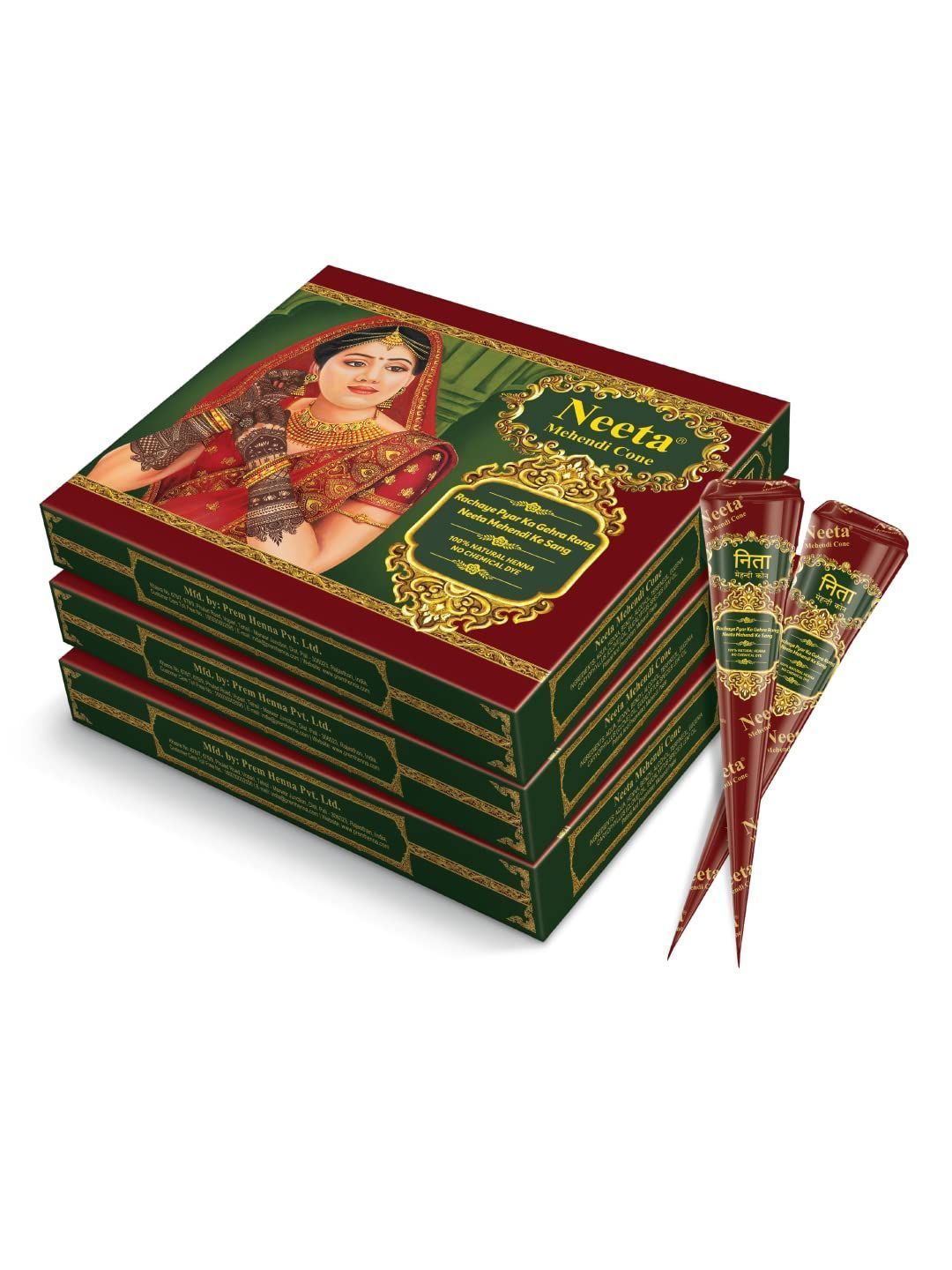 Neeta Mehendi Cones for Hand Desgning & Wedding, Bridal Mehandi Cone Reddish Brown Color 12 Pcs in 1 Box (Pack of 3)