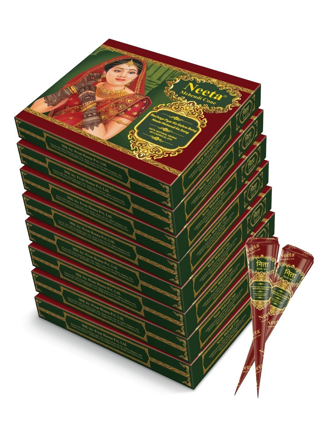 Neeta Mehendi Cones for Hand Desgning & Wedding, Bridal Mehandi Cone Reddish Brown Color 12 Pcs in 1 Box (Pack of 8)