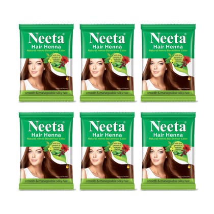 Neeta Hair Henna Powder Hair Color with 5 Herbs Natural Brown 50gm Pack of 6, Ammonia Free Hair Colour for Women & Men