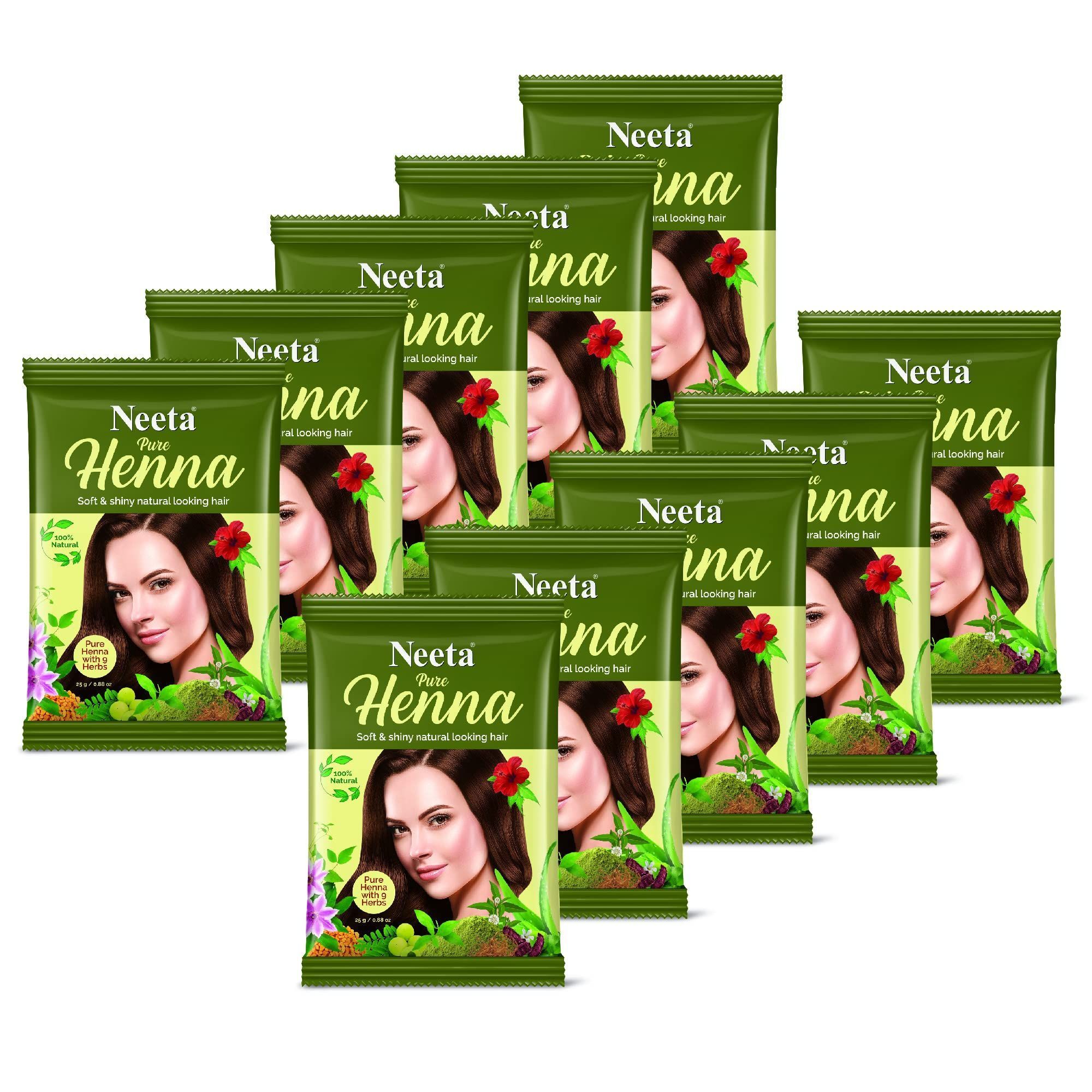 Neeta Pure Henna Powder for Hair with 9 Natural Herbs 25g Pack of 10, 100% Natural Henna Mehndi for Natural Looking Hair