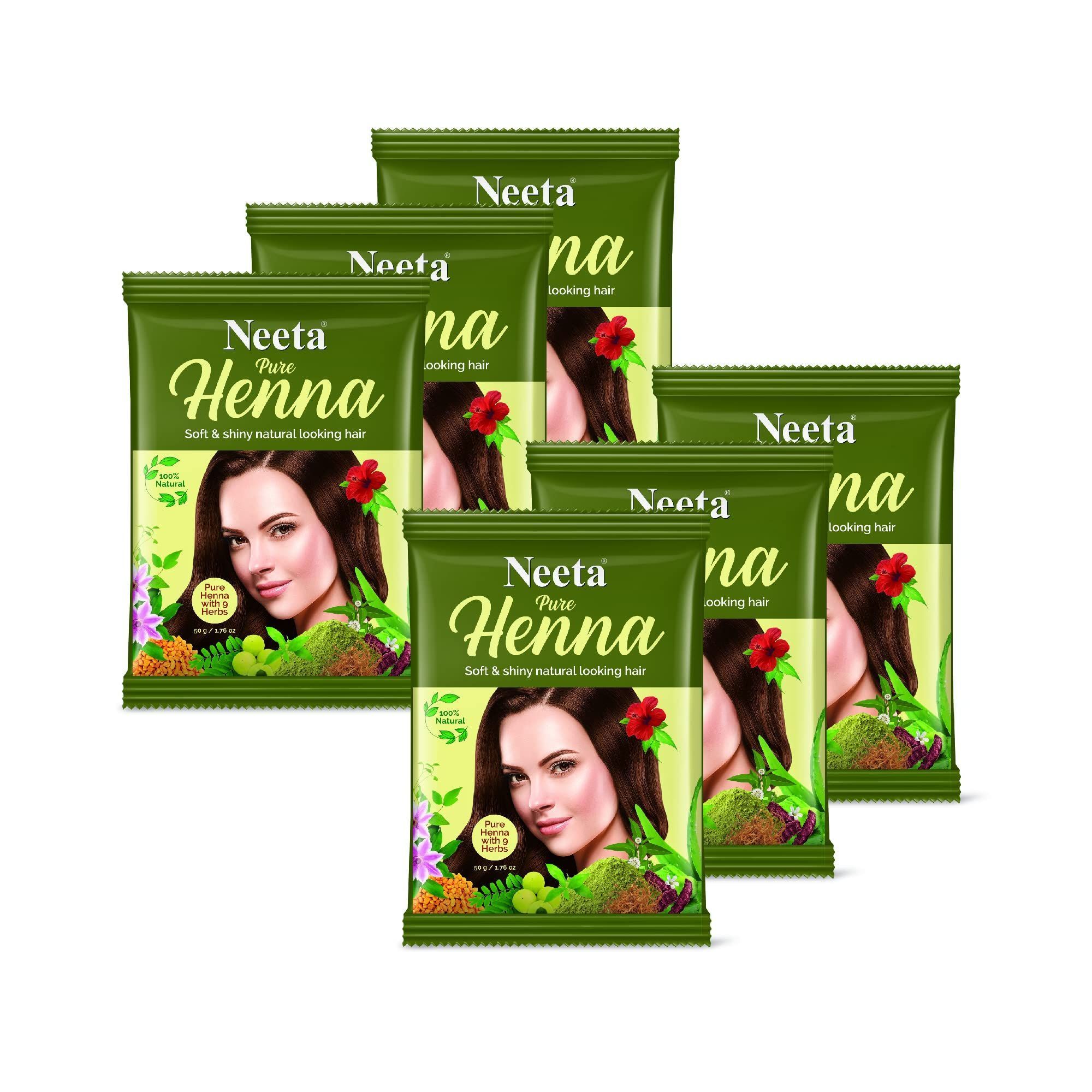 Neeta Pure Henna Powder for Hair with 9 Natural Herbs 50gm Pack of 6, 100% Natural Henna Mehndi for Natural Looking Hair