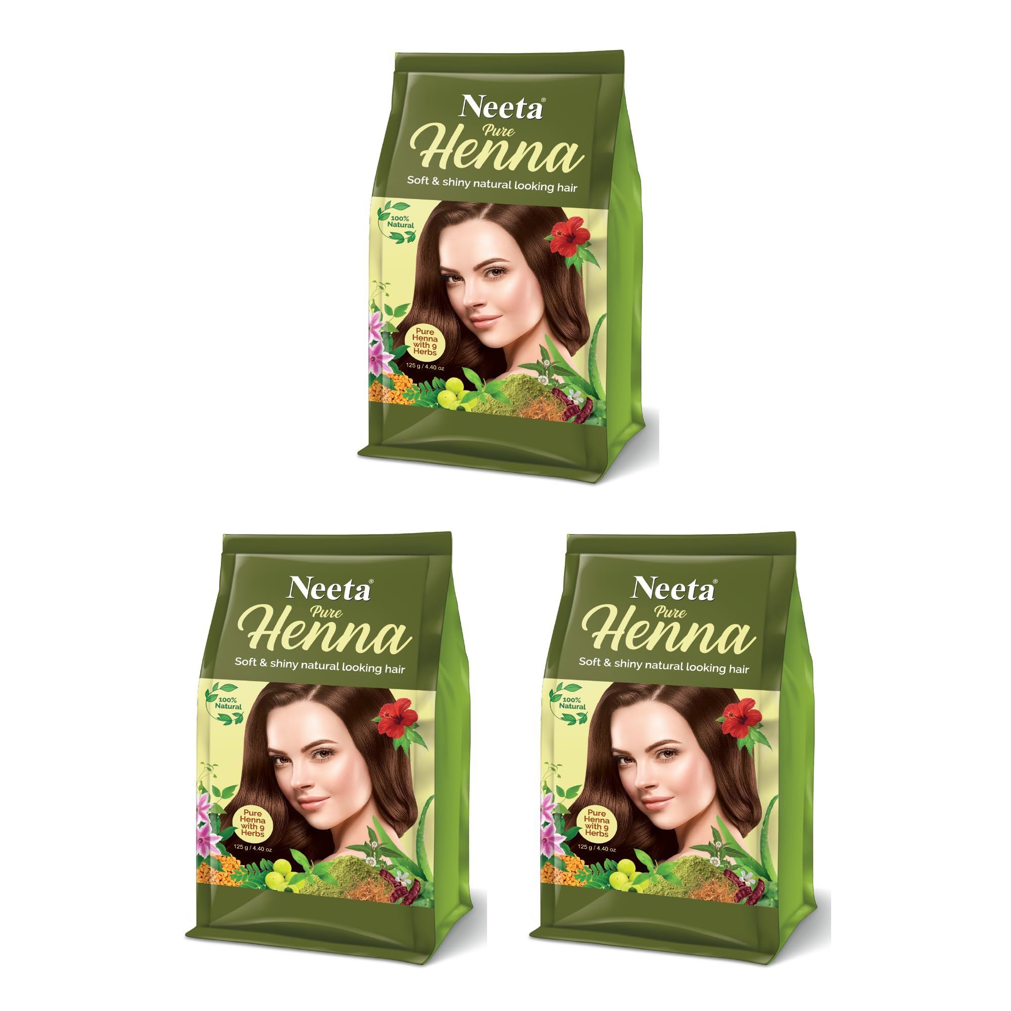 Neeta Pure Henna Powder for Hair with 9 Natural Herbs 125g Pack of 3, 100% Natural Henna Mehndi for Natural Looking Hair