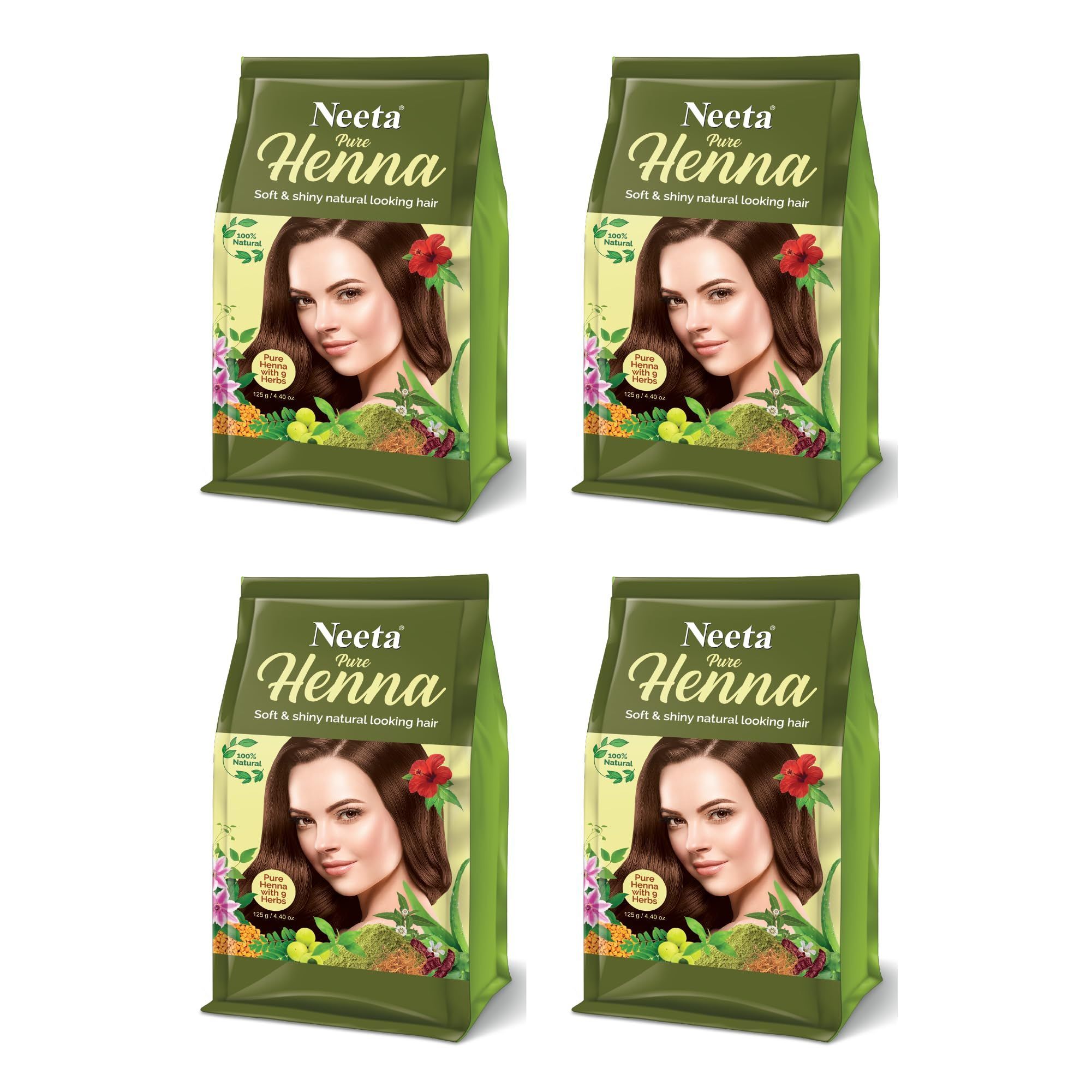 Neeta Pure Henna Powder for Hair with 9 Natural Herbs 125g Pack of 4, 100% Natural Henna Mehndi for Natural Looking Hair