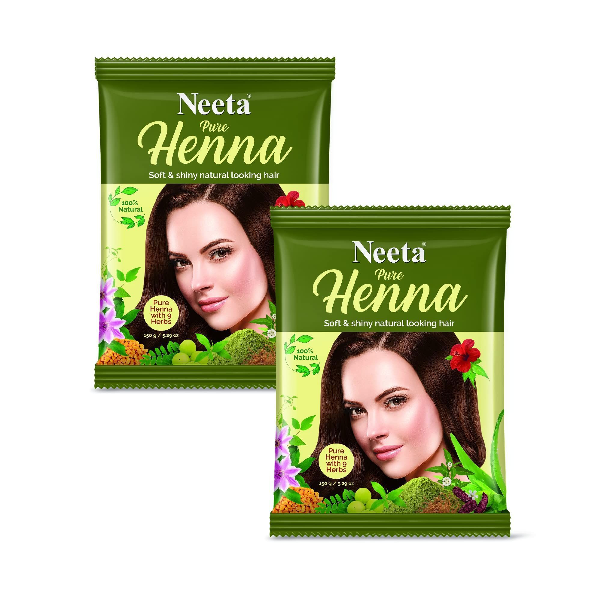 Neeta Pure Henna Powder for Hair with 9 Natural Herbs 150g Pack of 2, 100% Natural Henna Mehndi for Natural Looking Hair