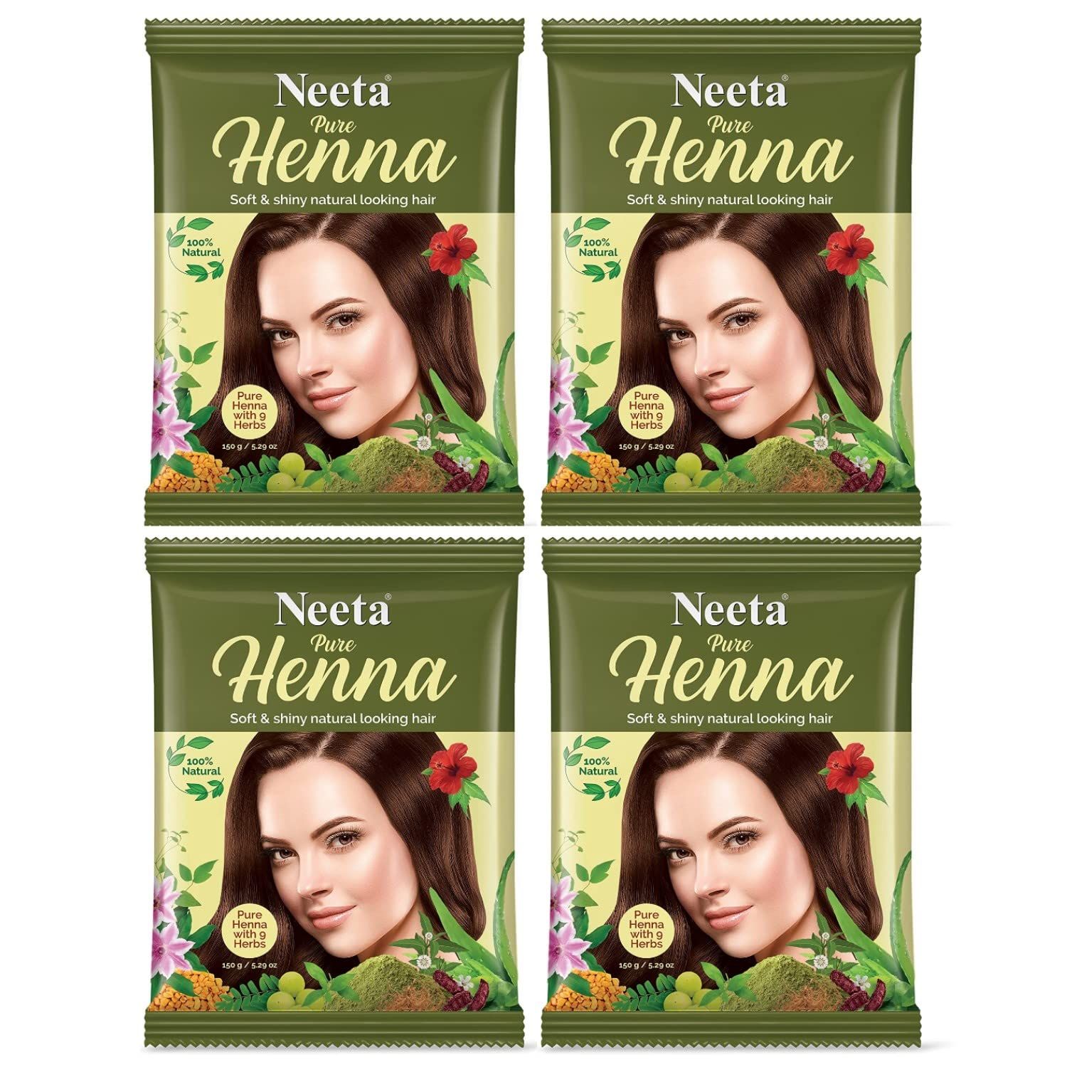 Neeta Pure Henna Powder for Hair with 9 Natural Herbs 150g Pack of 4, 100% Natural Henna Mehndi for Natural Looking Hair