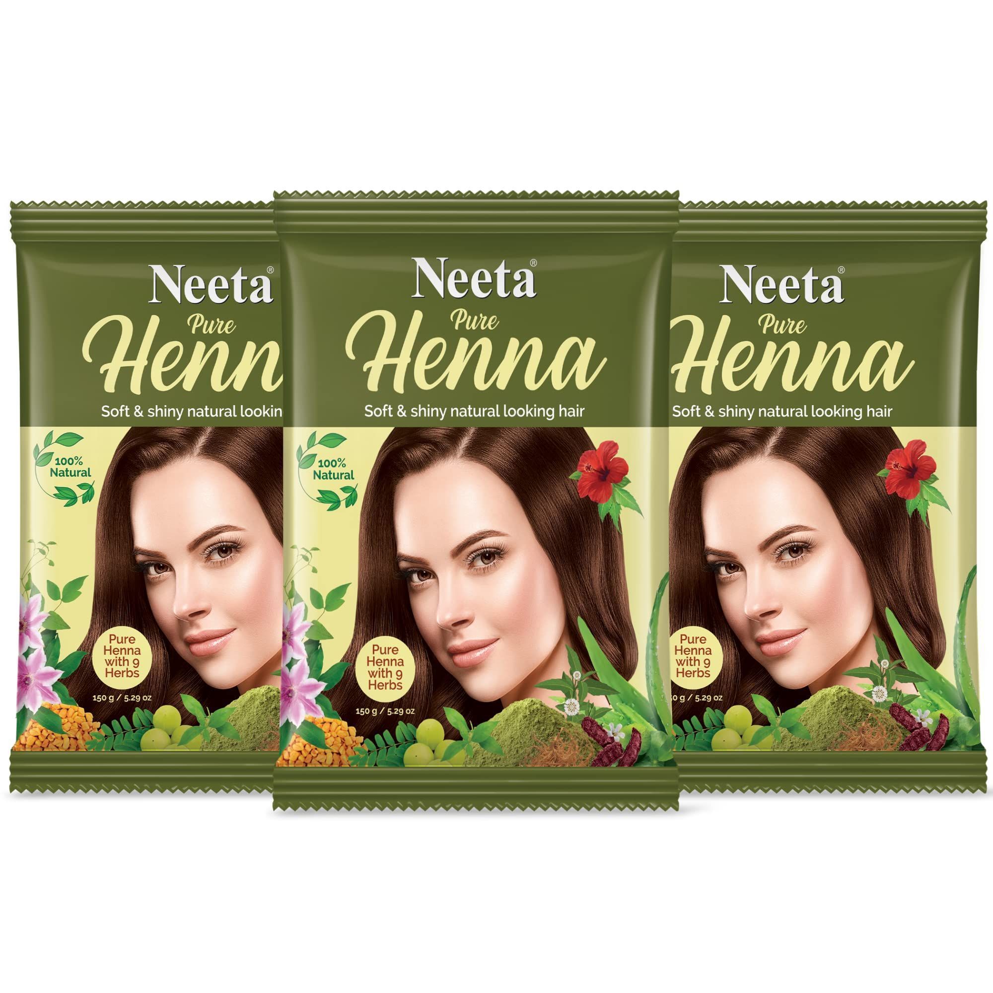 Neeta Pure Henna Powder for Hair with 9 Natural Herbs 150g Pack of 3, 100% Natural Henna Mehndi for Natural Looking Hair