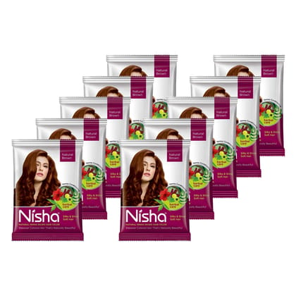 Nisha Henna Based Hair Color Natural Brown 30gm Pack of 10, Ammonia Free Henna Powder Hair Colour Dye Brown Hair Color