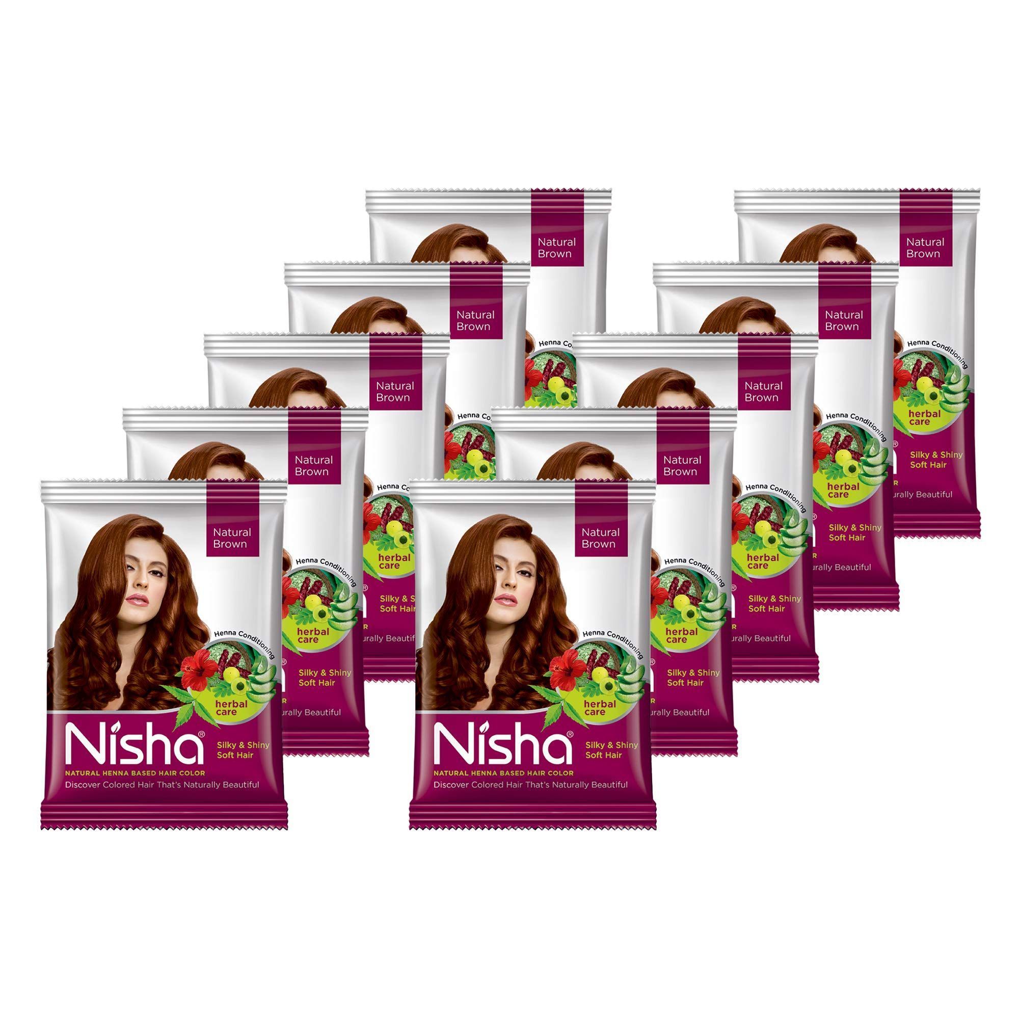 Nisha Henna Based Hair Color Natural Brown 15gm Pack of 10, Ammonia Free Henna Powder Hair Colour Dye Brown Hair Color