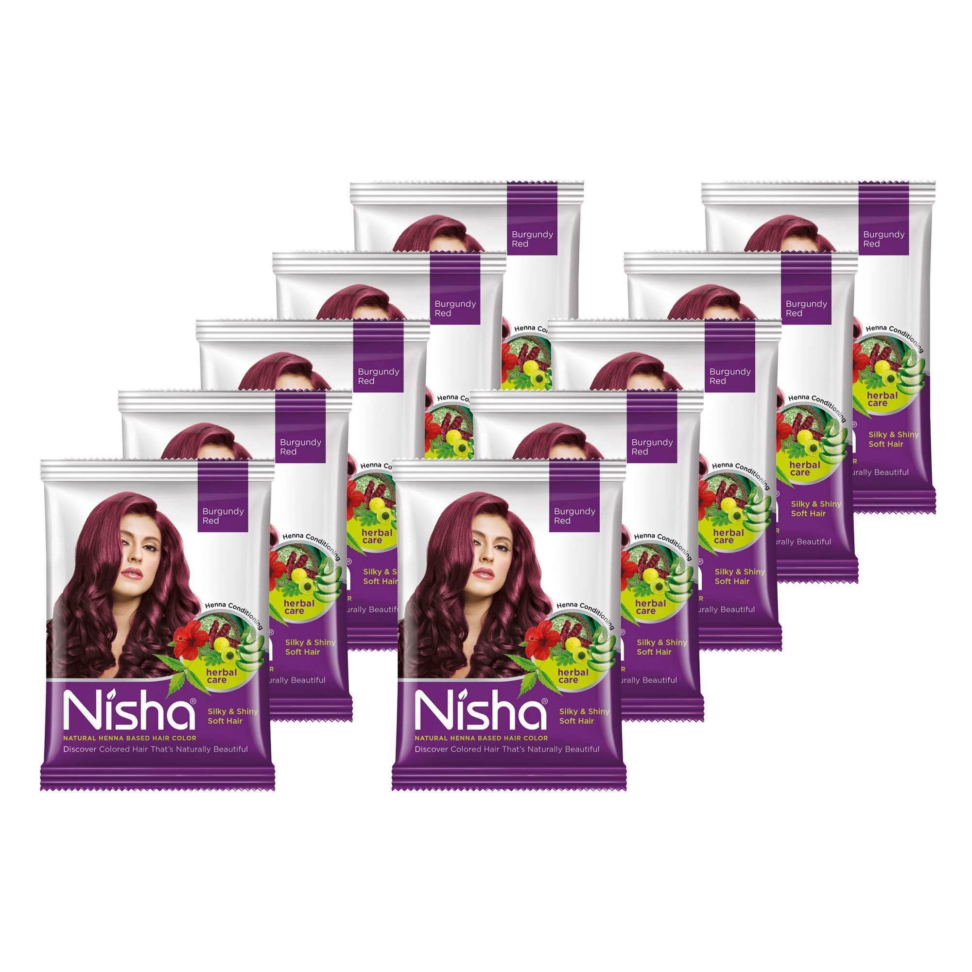 Nisha Henna Based Hair Color Burgundy 15gm Pack of 10, Henna Powder Hair Colour Dye Burgundy Color, No Ammonia, No PPD