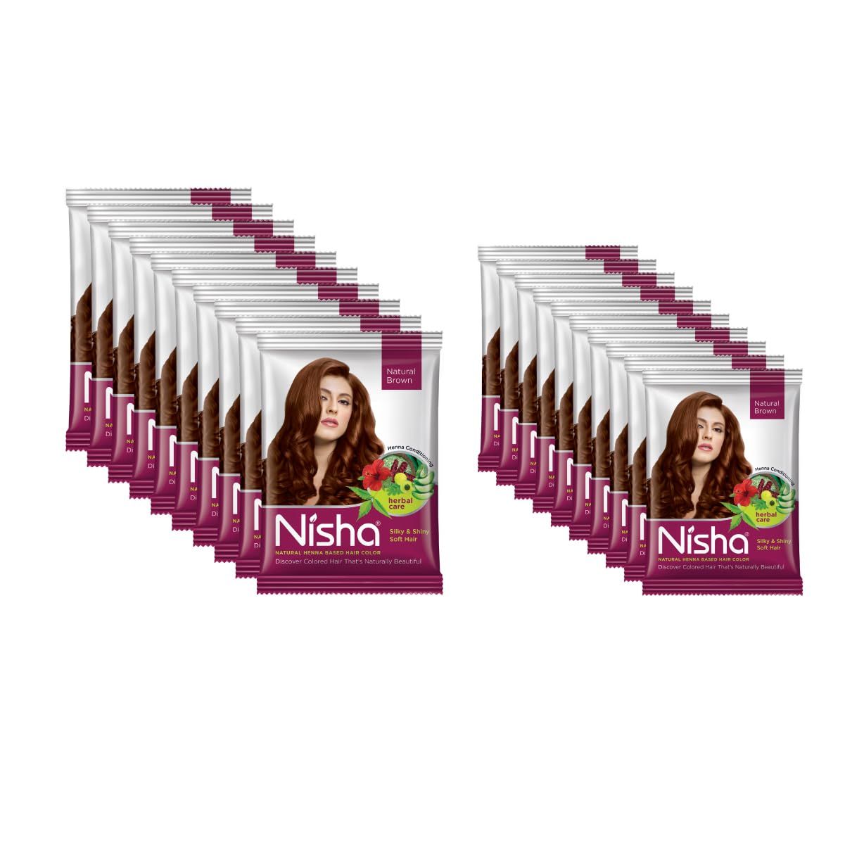 Nisha Henna Based Hair Color Natural Brown Pack of 20 (10 Unit 30gm & 10 Unit 15gm), Henna Powder Hair Color Dye Brown