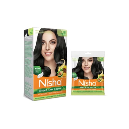 Nisha Creme Hair Color Combo Pack 1.0 Natural Black (120g Box & 40g Pouch), Ammonia Free Permanent Hair Colour