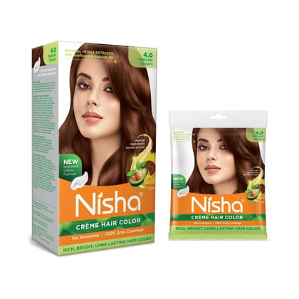 Nisha Creme Hair Color Combo Pack 4.0 Natural Brown (120g Box & 40g Pouch), Ammonia Free Permanent Hair Colour