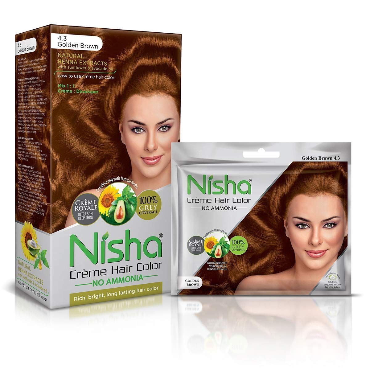 Nisha Creme Hair Color Combo Pack 4.3 Golden Brown (120g Box & 40g Pouch), Ammonia Free Permanent Hair Colour