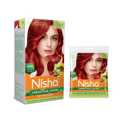 Nisha Creme Hair Color Combo Pack Flame Red (150g Box & 50g Pouch), Permanent Hair Colour for Women & Men