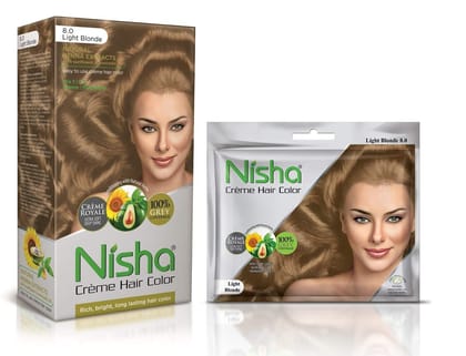 Nisha Creme Hair Color Combo Pack 8.0 Light Blonde (120g Box & 40g Pouch), Permanent Hair Colour for Women & Men