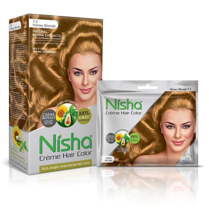 Nisha Creme Hair Color Combo Pack 7.3 Honey Blonde (120g Box & 40g Pouch), Permanent Hair Colour for Women & Men