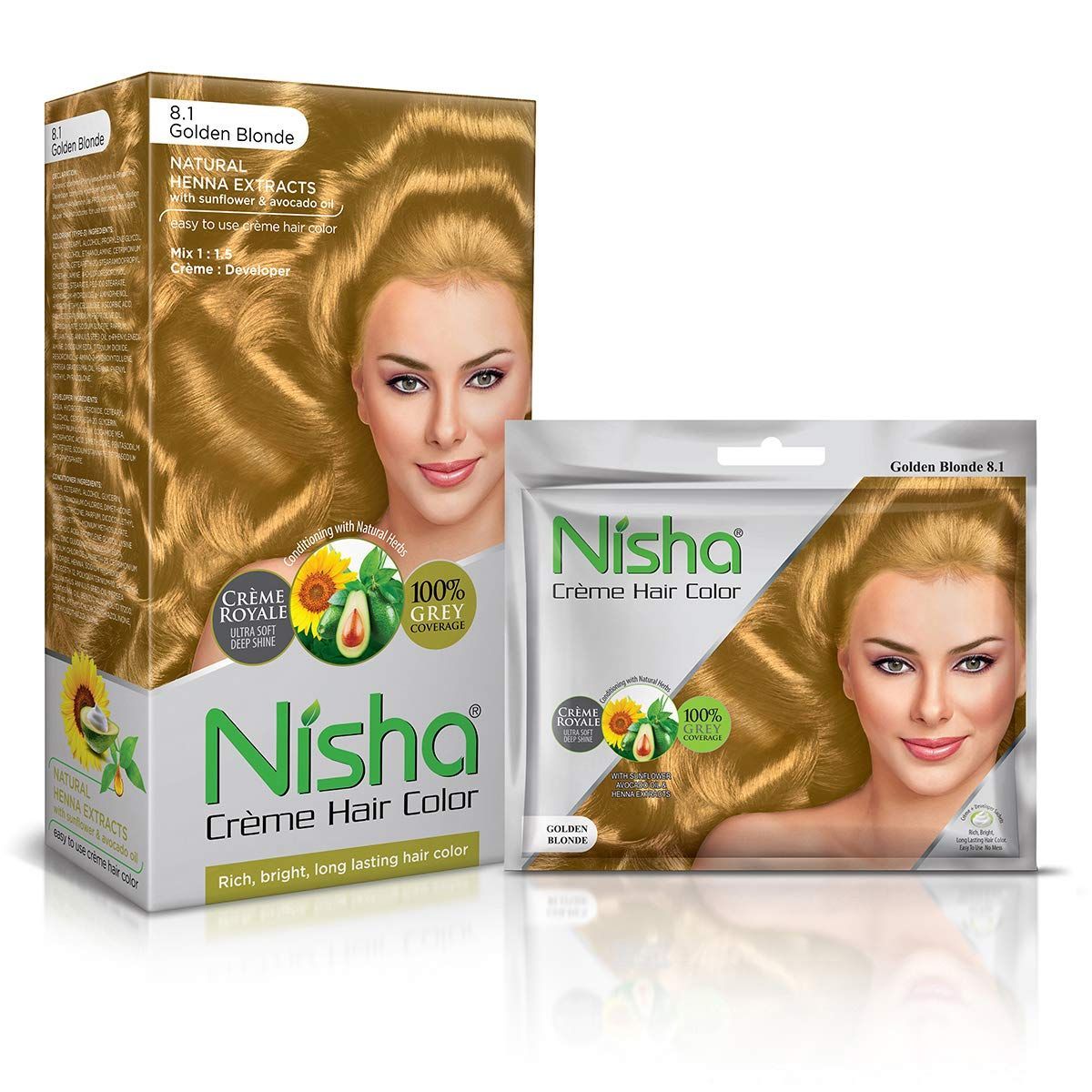 Nisha Creme Hair Color Combo Pack 8.1 Golden Blonde (120g Box & 40g Pouch), Permanent Hair Colour for Women & Men