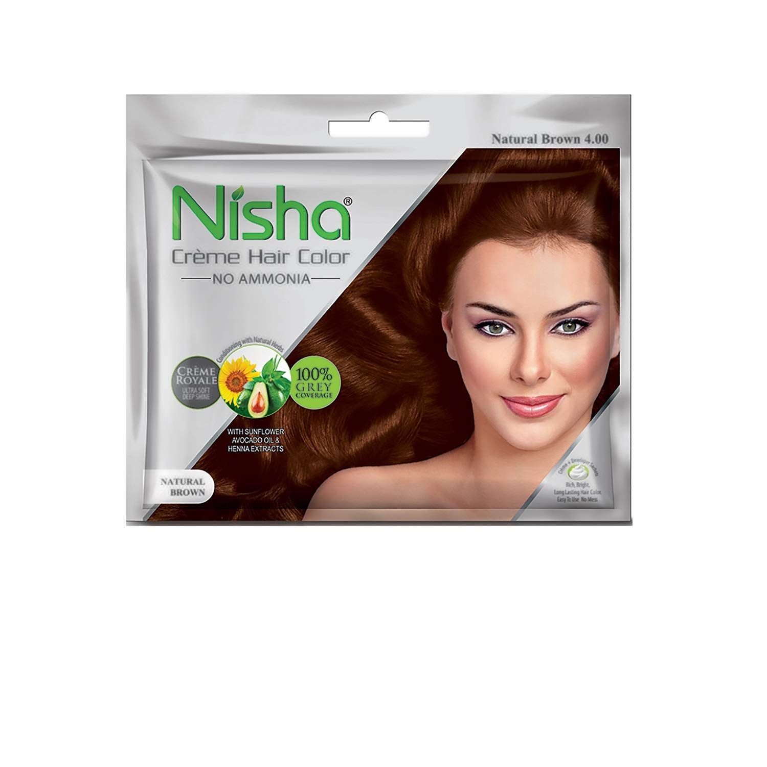 Nisha Creme Hair Color Natural Brown 40g Pack of 6, Permanent Hair Color for Women Men, No Ammonia, 100% Grey Coverage