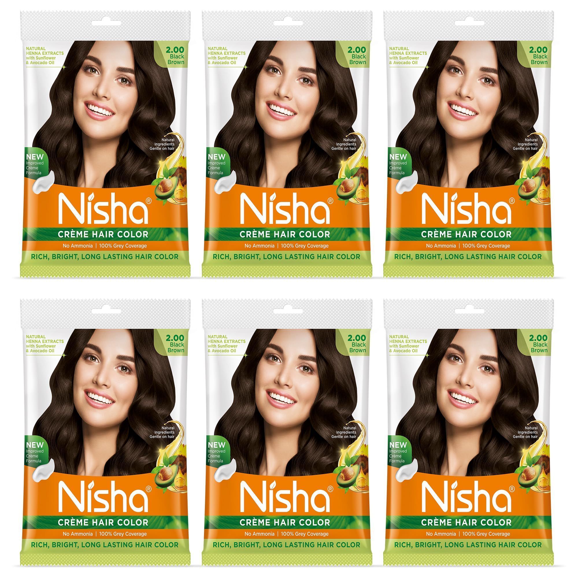 Nisha Creme Hair Color Black Brown 40g Pack of 6, Permanent Hair Colour for Women & Men, Long Lasting Hair Color