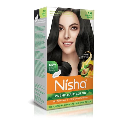 Nisha Creme Hair Color 1.0 Natural Black 120g, Permanent Hair Color for Women & Men, Ammonia Free Hair Colour