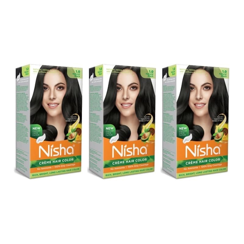 Nisha Creme Hair Color 1.0 Natural Black 120g Pack of 3, Permanent Hair Colour, No Ammonia, 100% Grey Coverage