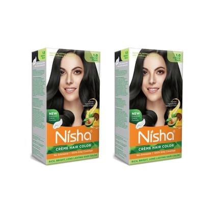 Nisha Creme Hair Color 1.0 Natural Black 120g Pack of 2, Permanent Hair Colour, No Ammonia, 100% Grey Coverage