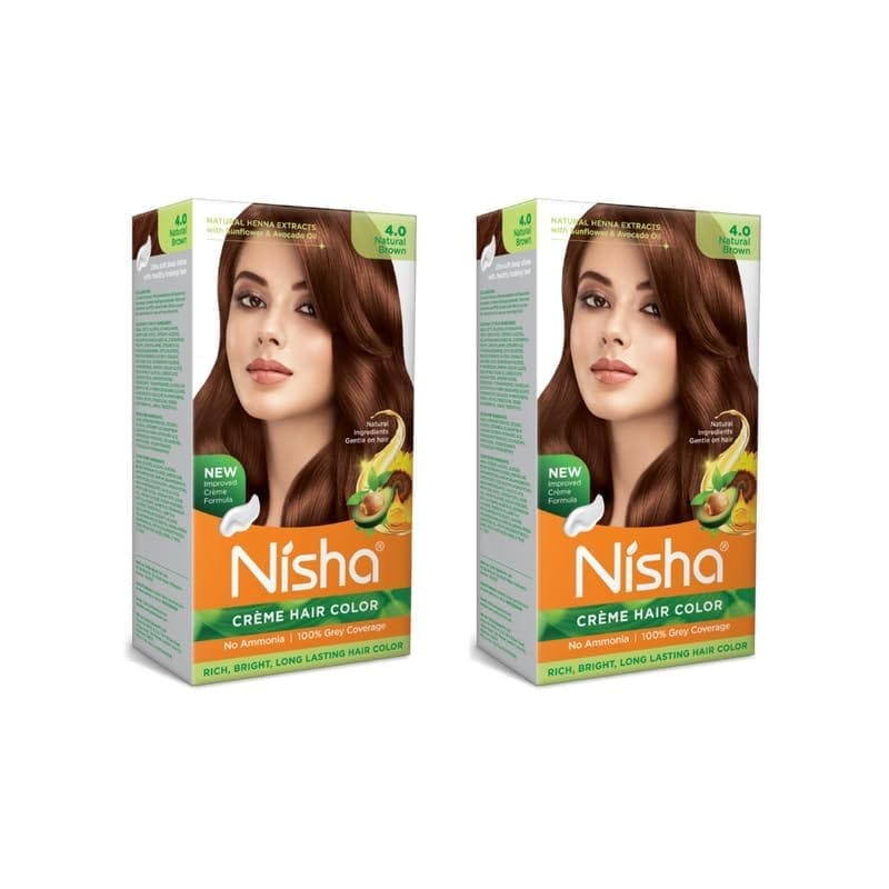 Nisha Creme Hair Color 4.0 Natural Brown 120g Pack of 2, Permanent Hair Colour, No Ammonia, 100% Grey Coverage