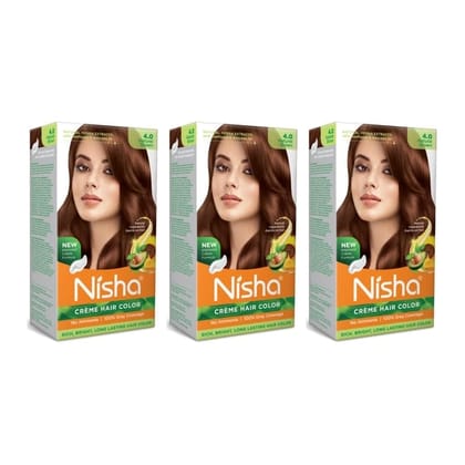 Nisha Creme Hair Color 4.0 Natural Brown 120g Pack of 3, Permanent Hair Colour, No Ammonia, 100% Grey Coverage