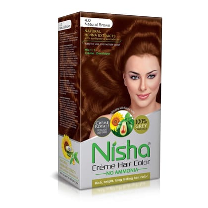 Nisha Creme Hair Color 4.0 Natural Brown 120g, Permanent Hair Color for Women & Men, Ammonia Free Hair Colour