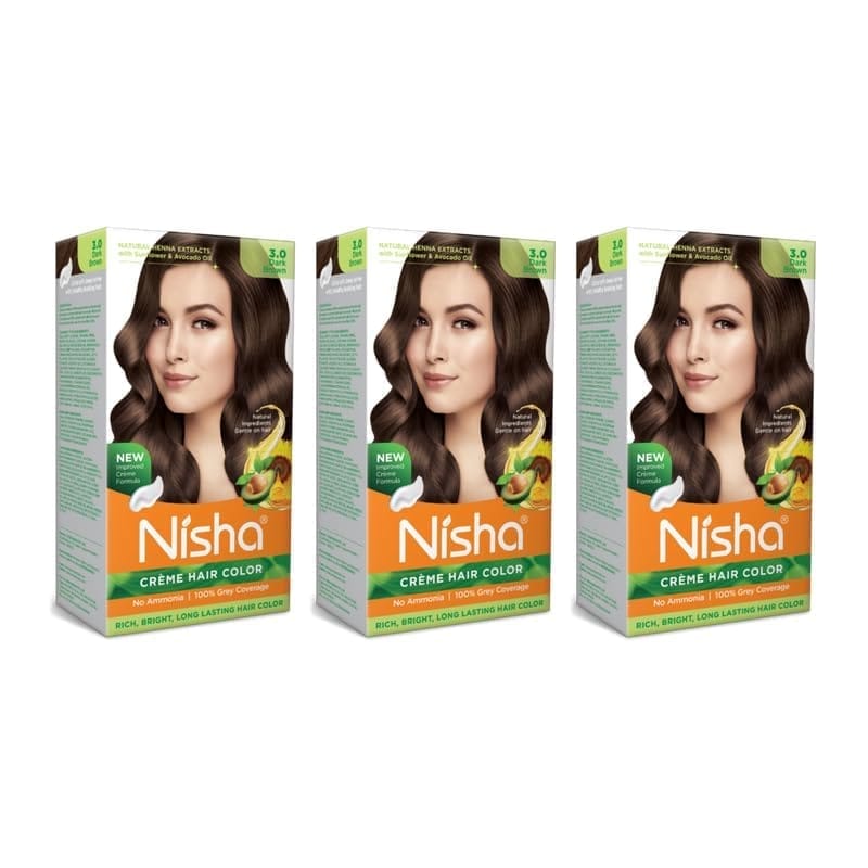 Nisha Creme Hair Color 3.0 Dark Brown 120g Pack of 3, Permanent Hair Colour for Women Men, No Ammonia 100% Grey Coverage