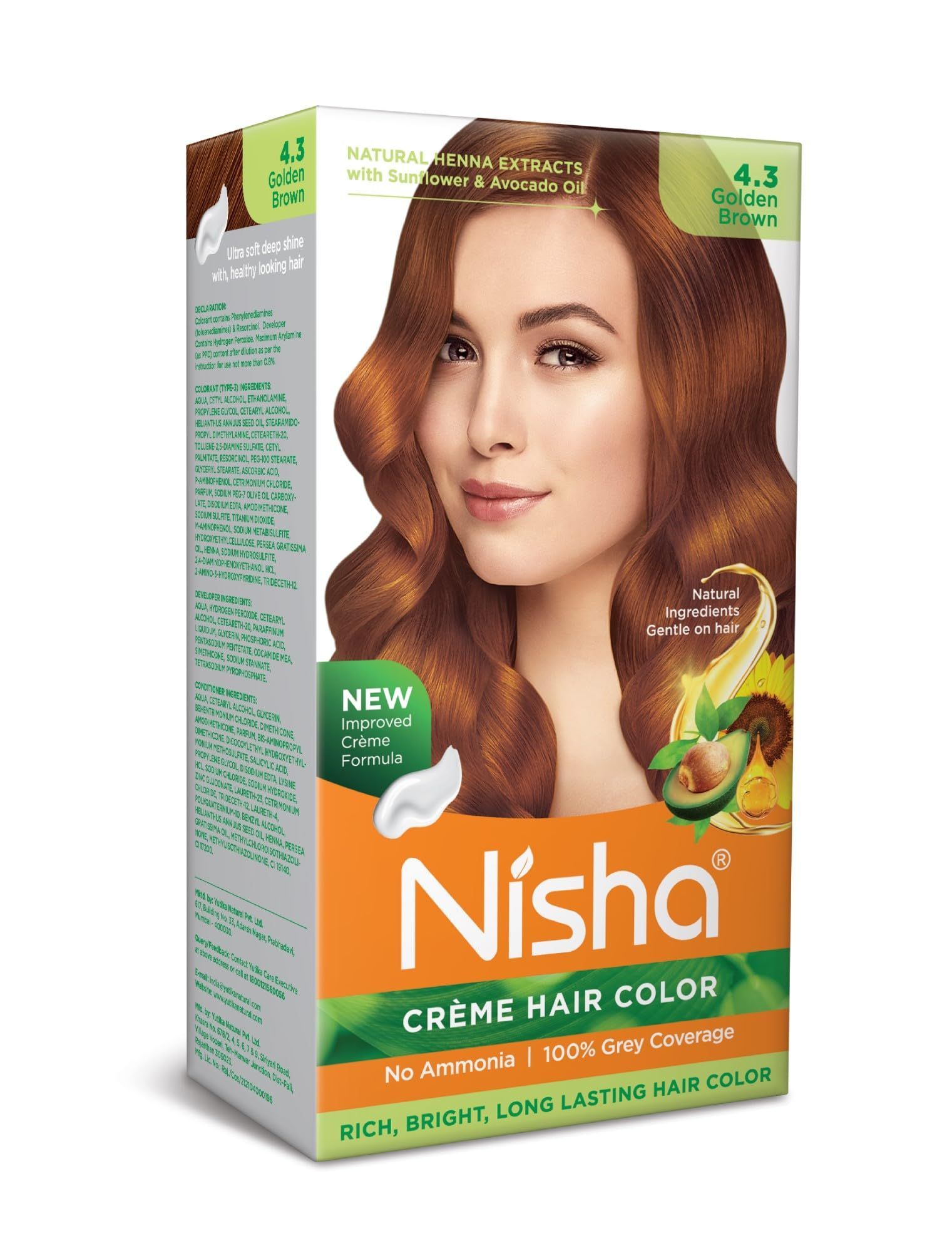 Nisha Creme Hair Color 4.3 Golden Brown 120g, Permanent Hair Color for Women Men, Ammonia Free Hair Colour