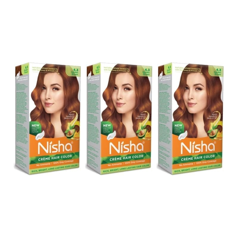 Nisha Creme Hair Color 4.3 Golden Brown 120g Pack of 3, Permanent Hair Colour, No Ammonia, 100% Grey Coverage