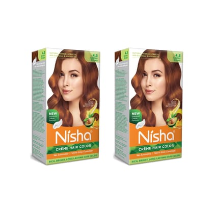 Nisha Creme Hair Color 4.3 Golden Brown 120g Pack of 2, Permanent Hair Colour, No Ammonia, 100% Grey Coverage