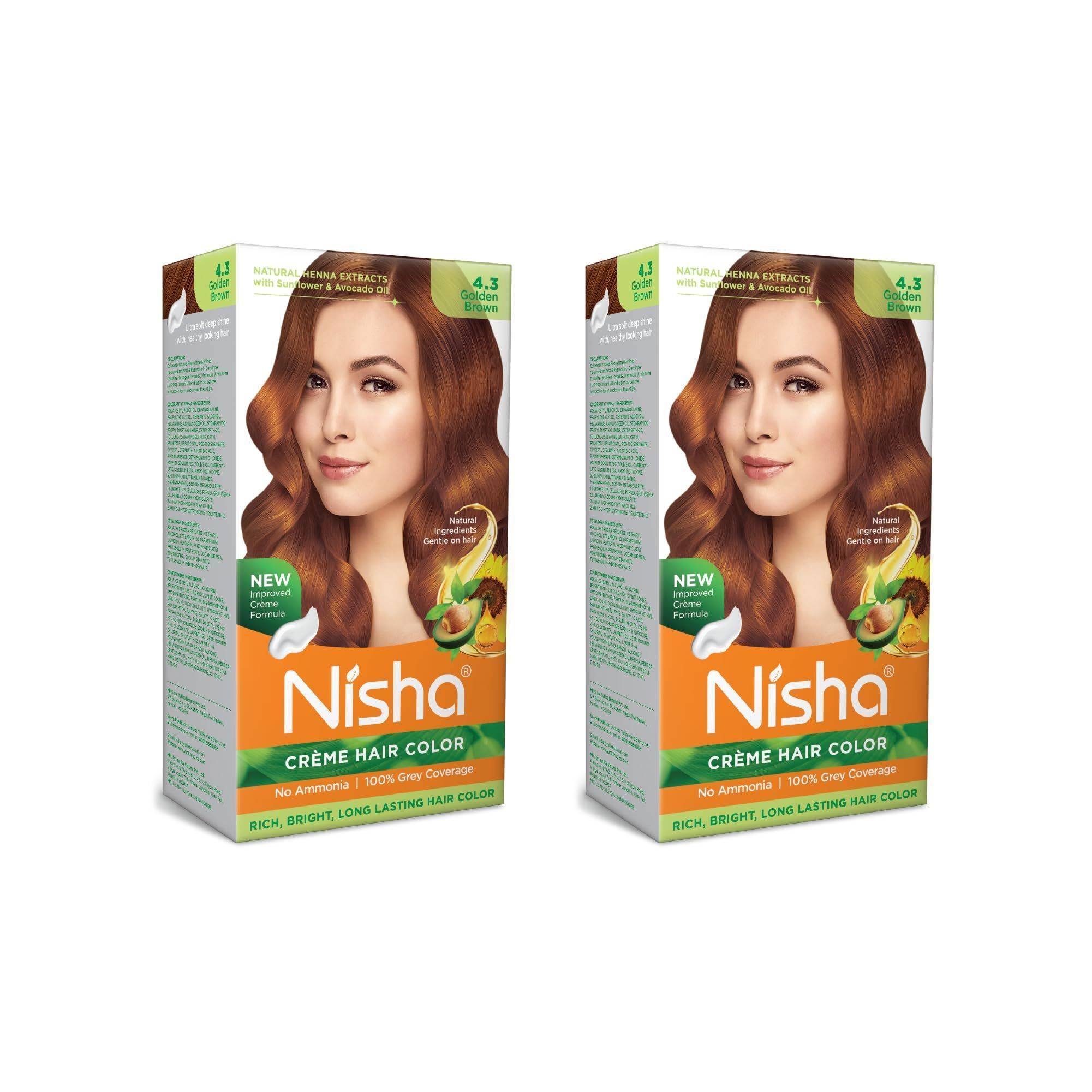 Nisha Creme Hair Color 4.3 Golden Brown 120g Pack of 2, Permanent Hair Colour, No Ammonia, 100% Grey Coverage