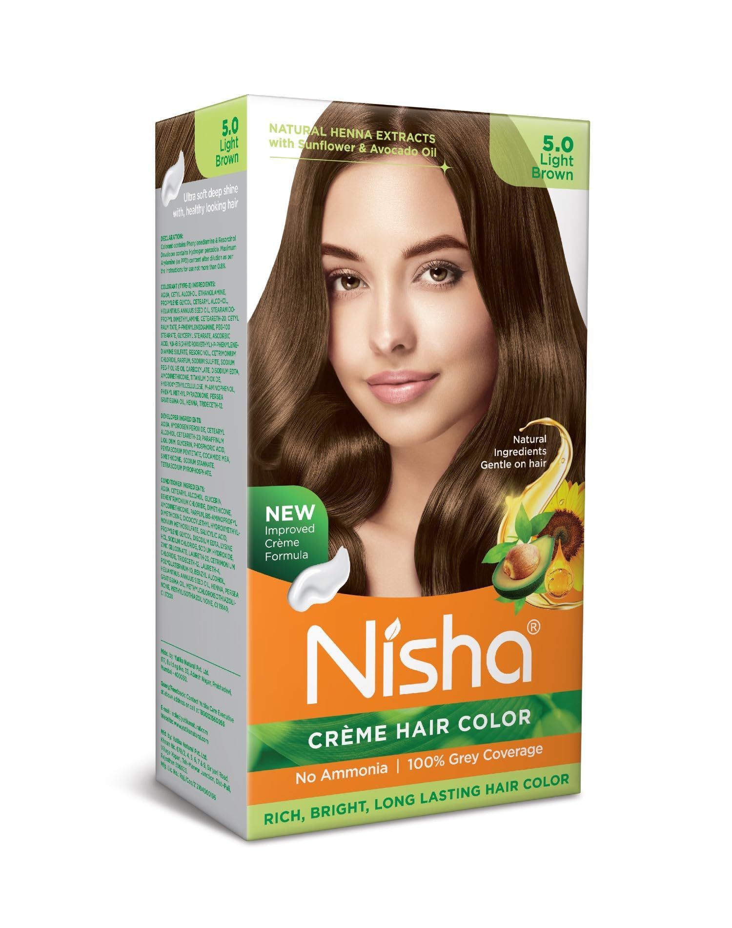 Nisha Creme Hair Color 5.0 Light Brown 120g, Permanent Hair Color for Women Men, Ammonia Free Hair Colour