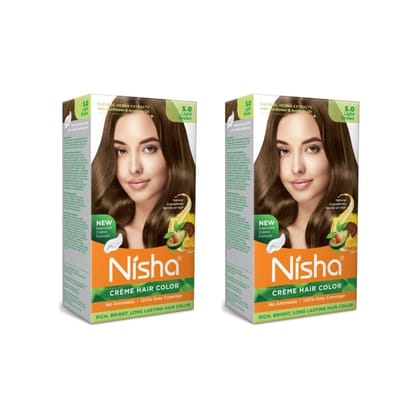 Nisha Creme Hair Color 5.0 Light Brown 120g Pack of 2, Permanent Hair Colour, No Ammonia, 100% Grey Coverage