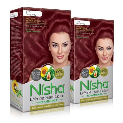 Nisha Creme Hair Color 3.16 Burgundy 120g Pack of 2, Permanent Hair Colour for Women Men, No Ammonia, 100% Grey Coverage