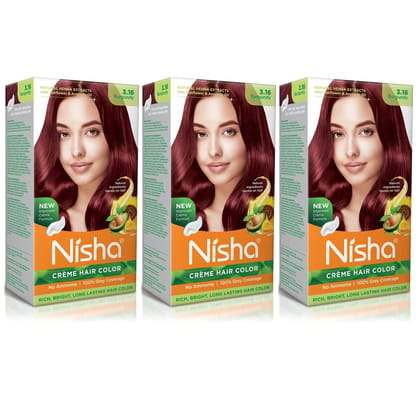 Nisha Creme Hair Color 3.16 Burgundy 120g Pack of 3, Permanent Hair Colour for Women Men, No Ammonia, 100% Grey Coverage