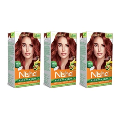 Nisha Creme Hair Color 5.50 Mahogany 120g Pack of 3, Permanent Hair Colour for Women Men, No Ammonia, 100% Grey Coverage