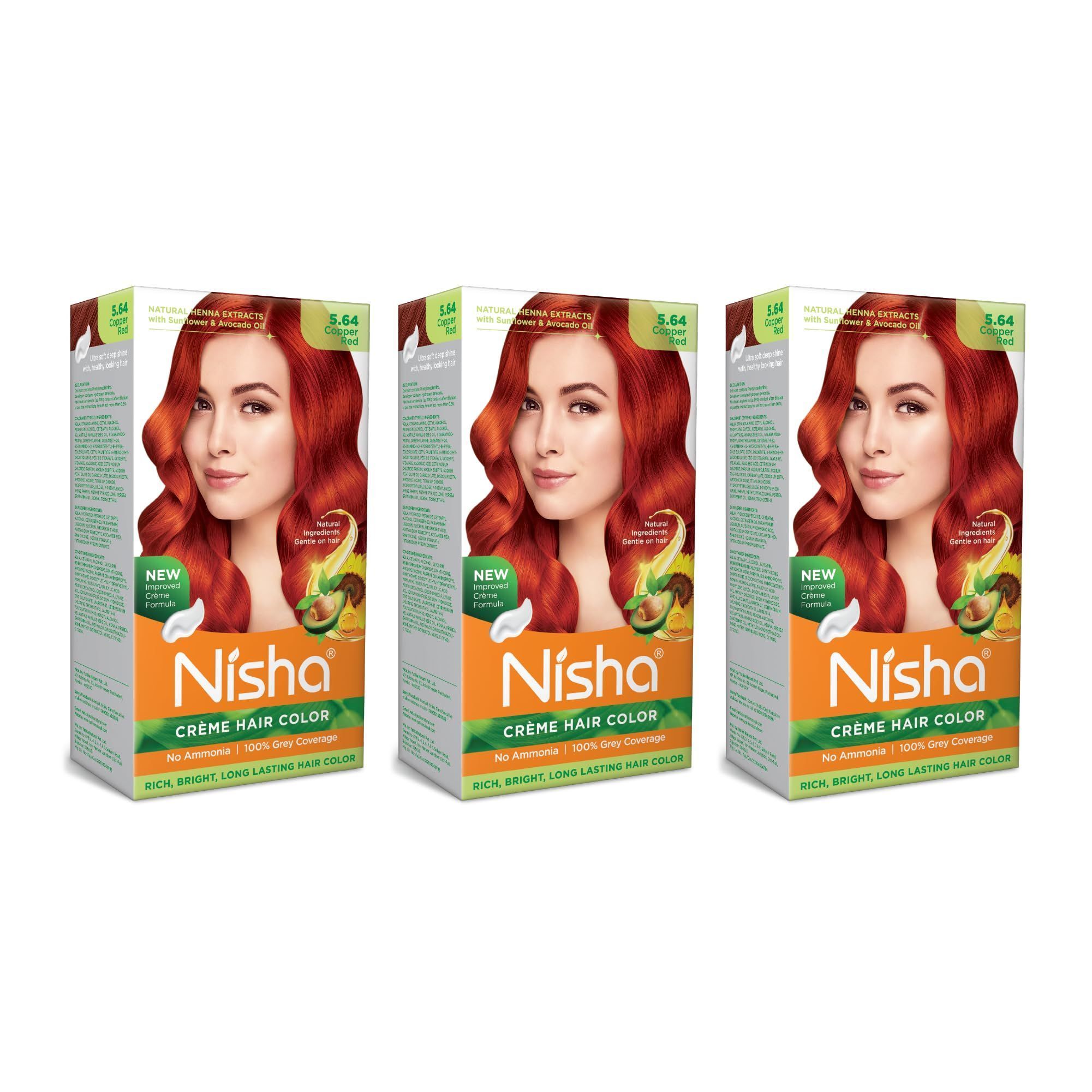 Nisha Creme Hair Color 5.64 Copper Red 120g Pack of 3 Permanent Hair Colour for Women Men, No Ammonia 100% Grey Coverage