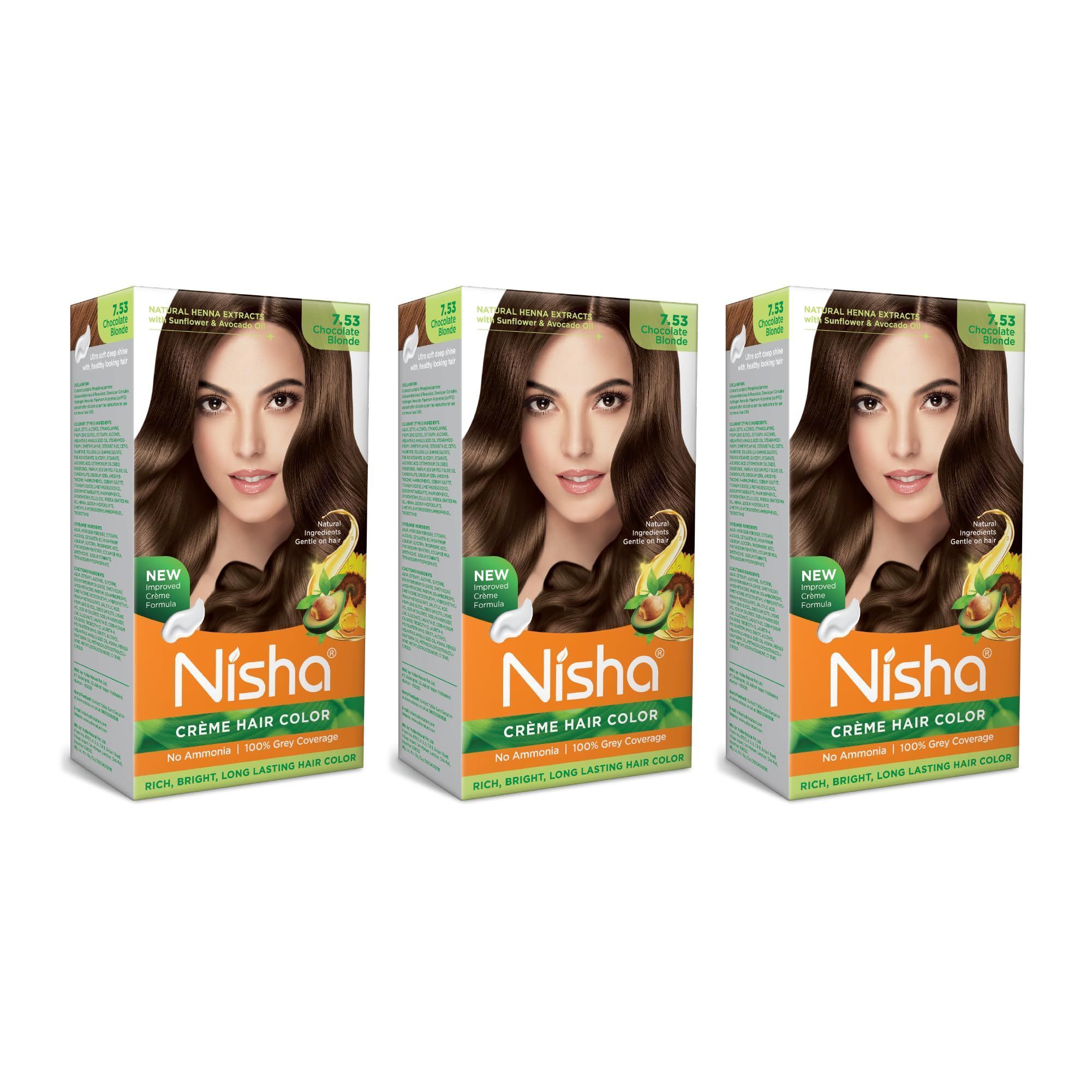 Nisha Creme Hair Color 7.53 Chocolate Blonde 120g Pack of 3, Permanent Hair Colour for Rich, Bright & Long Lasting Hair