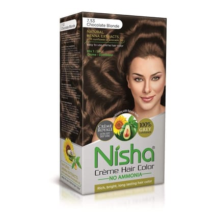 Nisha Creme Hair Color 7.53 Chocolate Blonde 120g, Permanent Hair Colour for Women & Men, 100% Grey Coverage