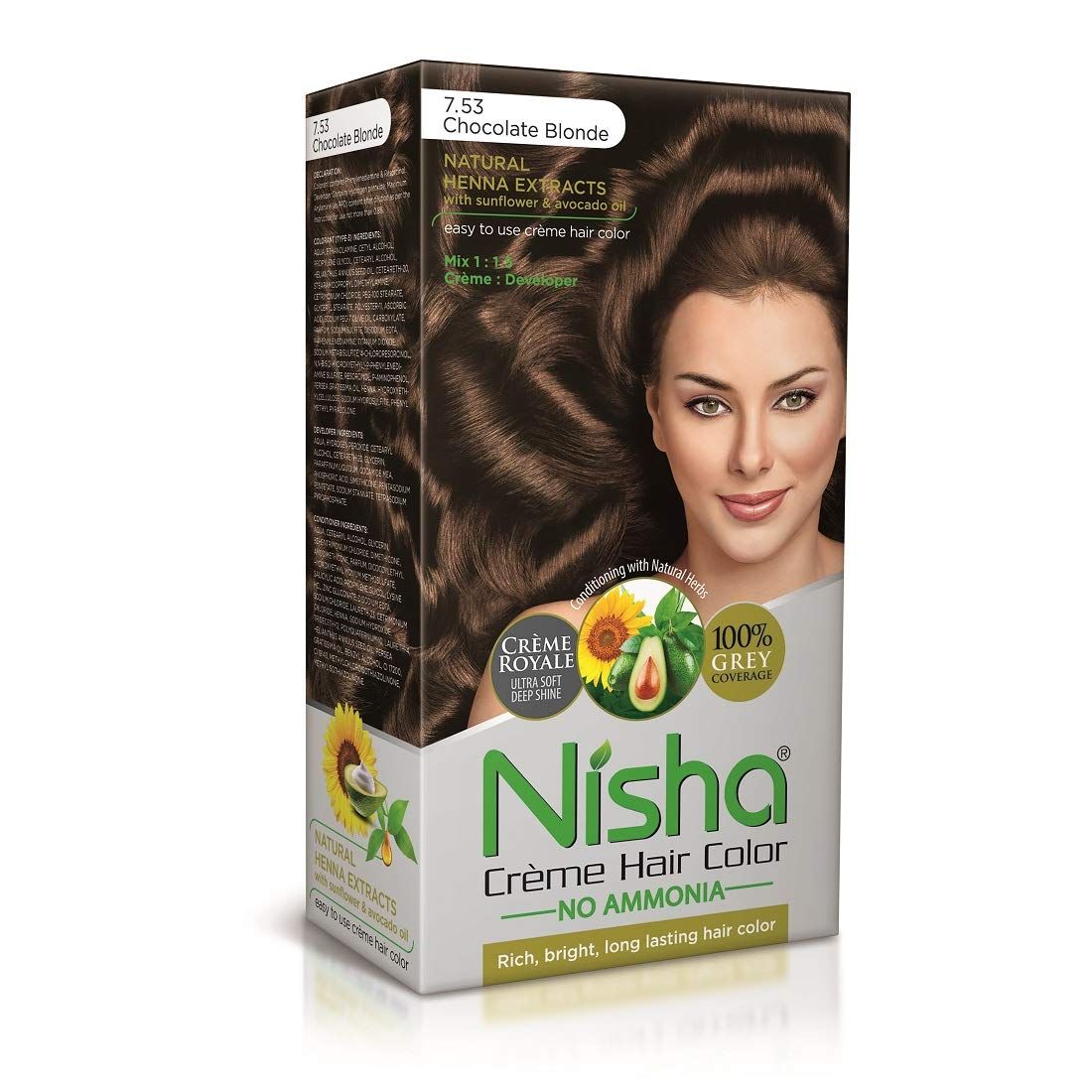 Nisha Creme Hair Color 7.53 Chocolate Blonde 120g, Permanent Hair Colour for Women & Men, 100% Grey Coverage